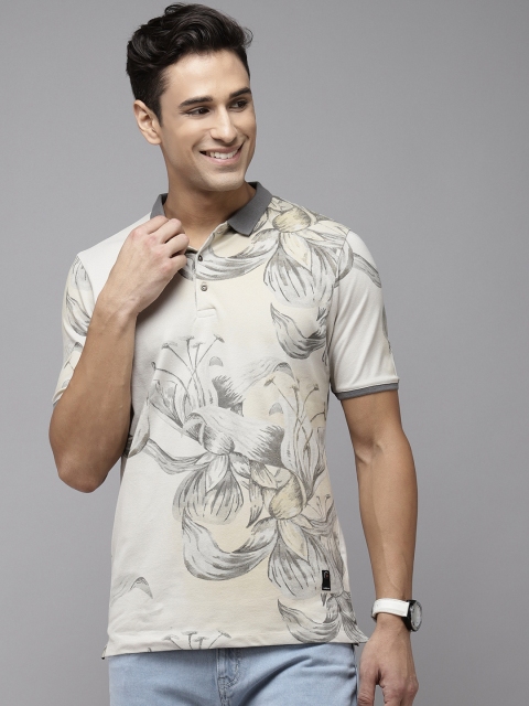 

Blackberrys Men Off-White & Grey Floral Print Polo Collar T-shirt