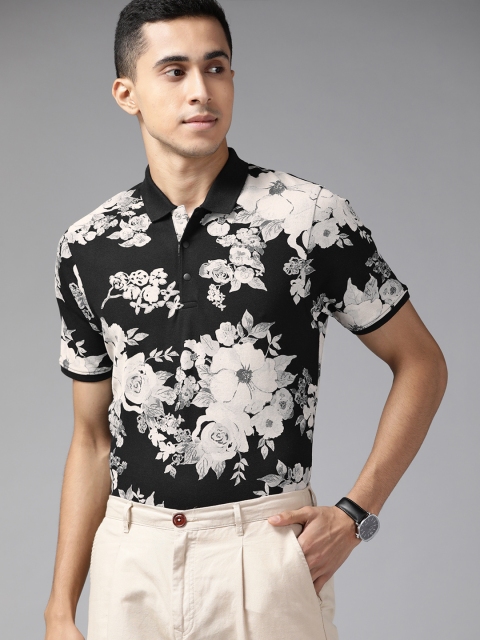 

Blackberrys Men Black & White Floral Printed Polo Collar Slim Fit T-shirt