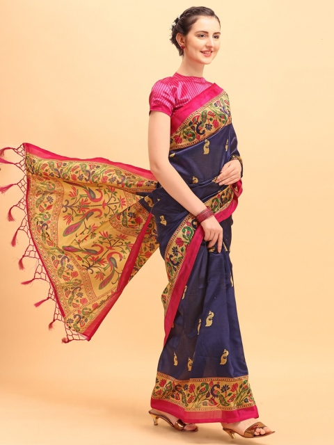 

KALINI Navy Blue & Gold-Toned Ethnic Motifs Art Silk Saree