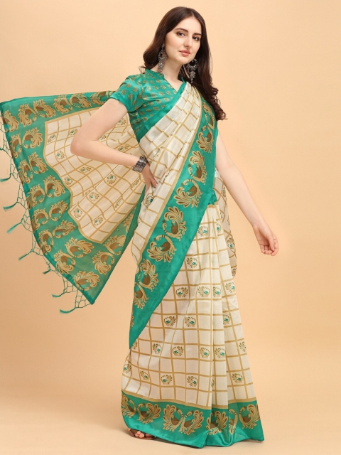 

KALINI Off White & Green Ethnic Motifs Art Silk Saree