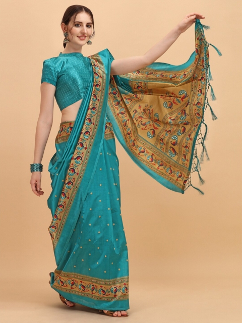 

KALINI Turquoise Blue & Beige Ethnic Motifs Printed Art Silk Saree