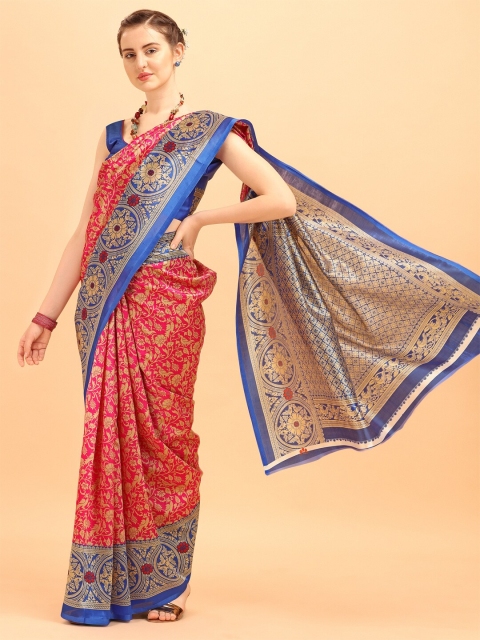 

KALINI Pink & Blue Zari Floral Print Art Silk Saree