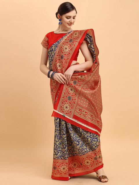 

KALINI Navy Blue & Orange Ethnic Motifs Art Silk Saree