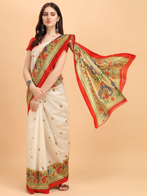 

KALINI Red & Off White Ethnic Motifs Silk Printed Saree