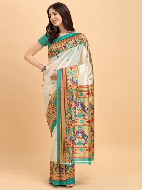 

KALINI White & Green Paisley Art Silk Saree