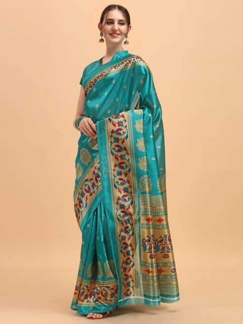 

KALINI Turquoise Blue & Red Woven Design Art Silk Saree
