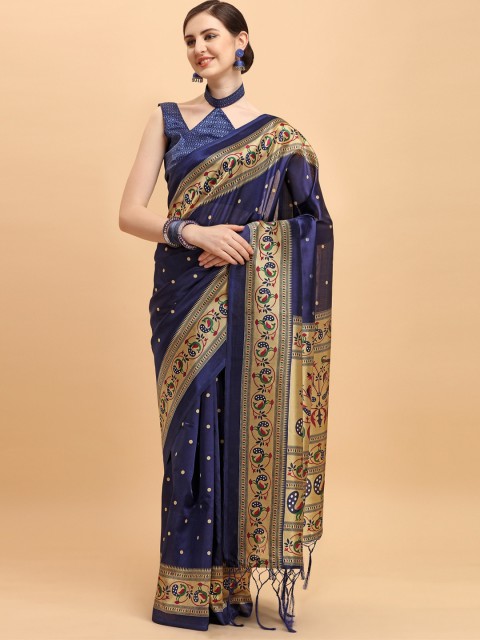 

KALINI Navy Blue & Gold-Toned Ethnic Motifs Art Silk Saree