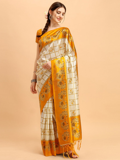 

KALINI Yellow & Off White Checked Art Silk Saree