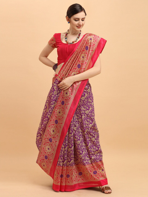 

KALINI Purple & Red Floral Printed Art Silk Saree