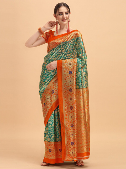 

KALINI Sea Green & Orange Floral Art Silk Saree