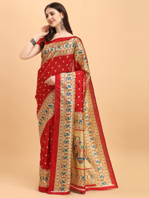 

KALINI Red & Green Floral Print Art Silk Saree