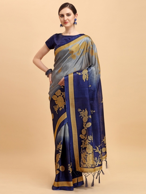 

KALINI Grey & Navy Blue Floral Silk Blend Saree