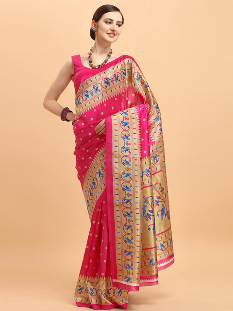

KALINI Pink & Blue Ethnic Motifs Printed Art Silk Saree