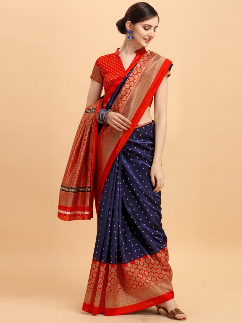 

KALINI Navy Blue & Red Floral Art Silk Saree