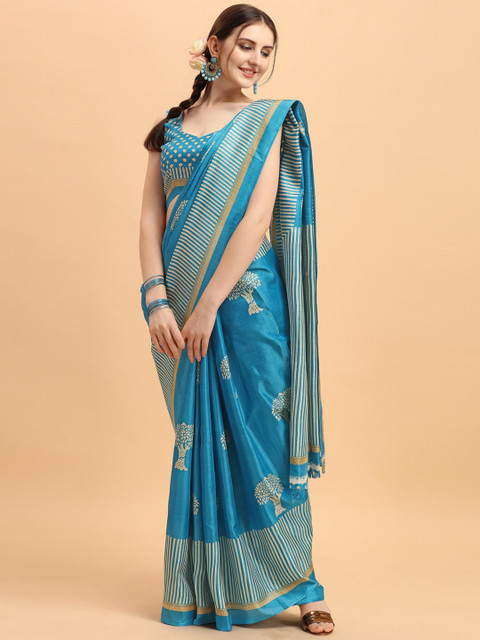 

KALINI Turquoise Blue & Beige Ethnic Motifs Silk Blend Khadi Saree