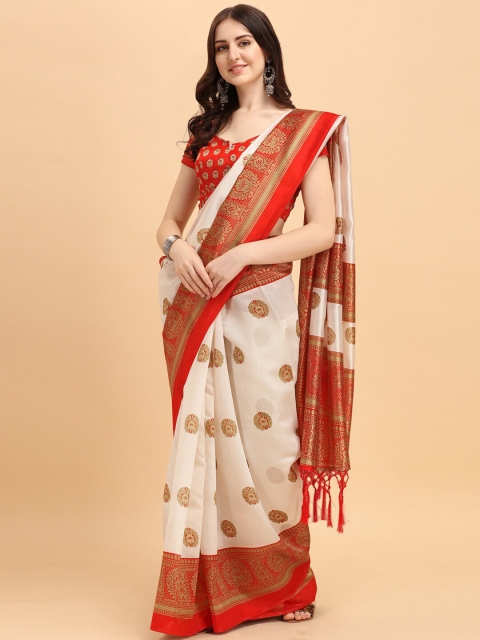 

KALINI Off White & Red Floral Print Art Silk Saree