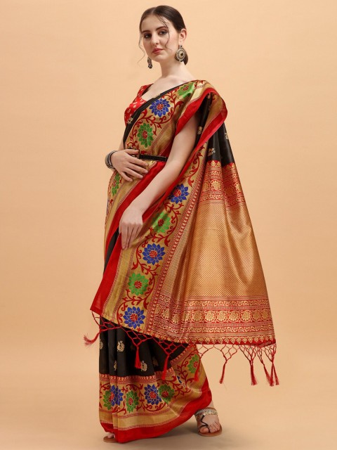 

KALINI Black & Multicoloured Floral Print Art Silk Saree