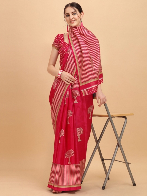 

KALINI Pink & Tan Floral Printed Silk Blend Khadi Saree