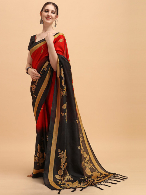 

KALINI Black & Red Floral Silk Blend Khadi Saree