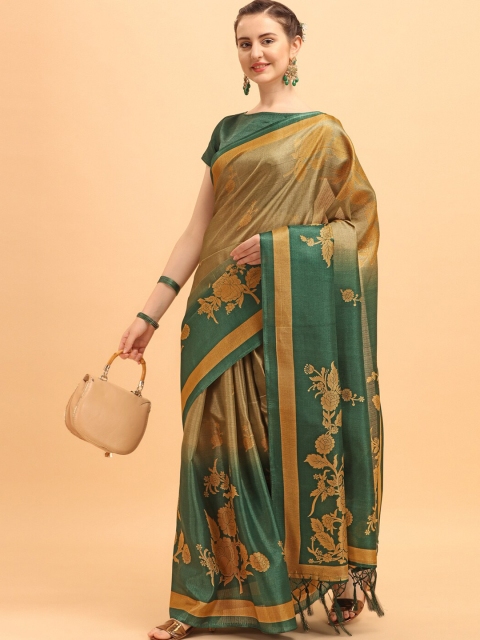 

KALINI Green & Beige Floral Silk Blend Khadi Saree