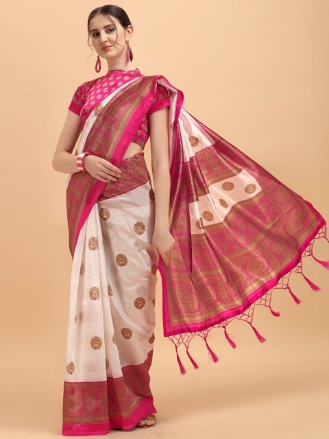 

KALINI White & Pink Ethnic Motifs Printed Art Silk Saree