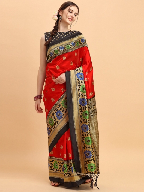 

KALINI Red & Black Floral Printed Art Silk Saree