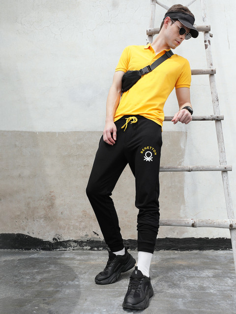 

United Colors of Benetton Men Black Brand Logo Print Joggers