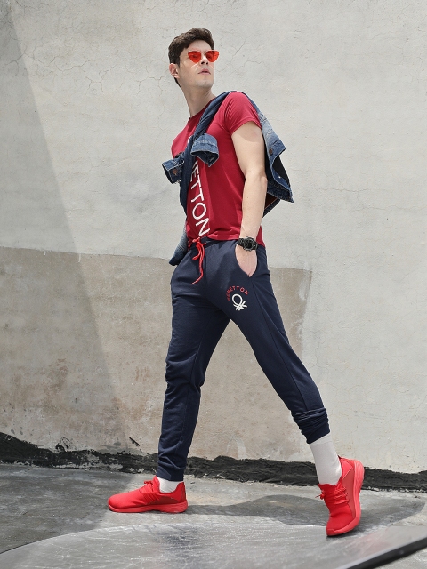 

United Colors of Benetton Men Navy Blue Brand Logo Print Joggers