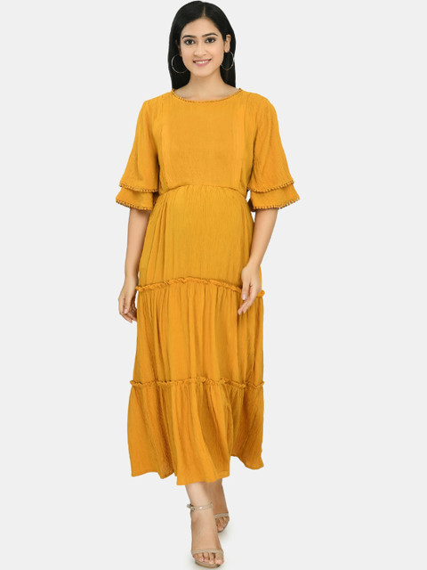 

Aaruvi Ruchi Verma Mustard Yellow Crepe Maternity Midi Dress