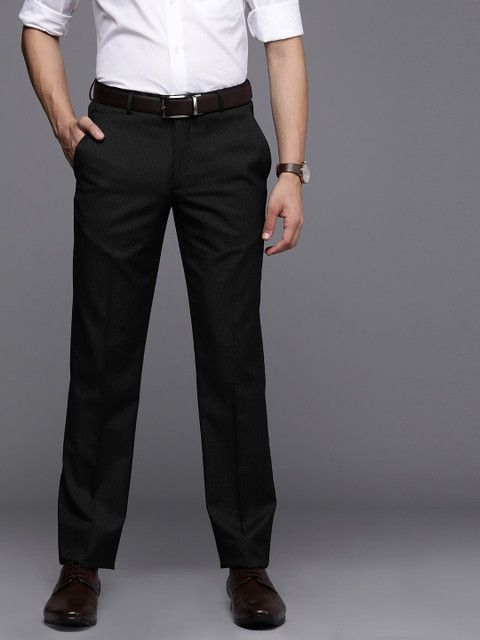 

Louis Philippe Men Black & White Striped Slim Fit Low-Rise Formal Trousers