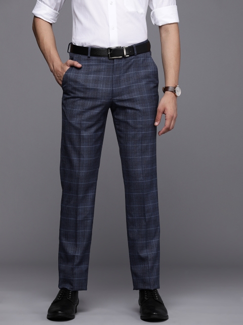 

Louis Philippe Men Blue Checked Slim Fit Mid-Rise Formal Trousers