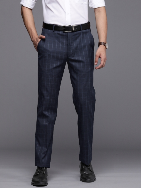 

Louis Philippe Men Navy Blue Checked Slim Fit Low-Rise Formal Trousers