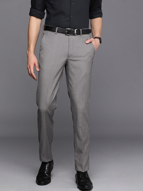 

Louis Philippe Men Grey Striped Slim Fit Brand Logo Detailed Formal Trousers