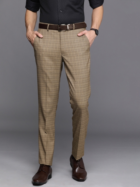 

Louis Philippe Men Brown Checked Slim Fit Brand Logo Detailed Formal Trousers