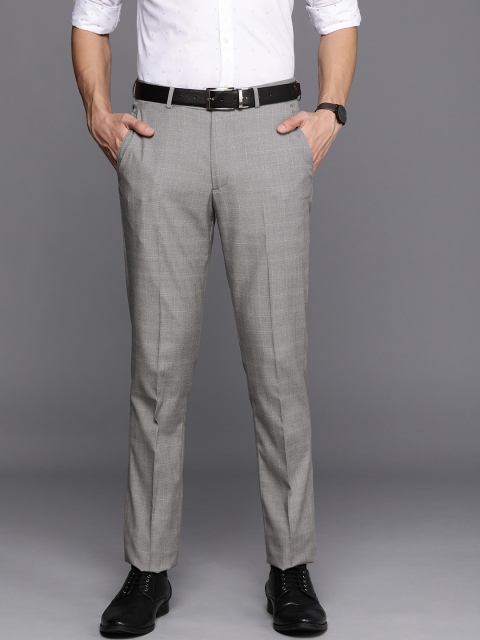 

Louis Philippe Men Grey Checked Slim Fit Brand Logo Detailed Formal Trousers