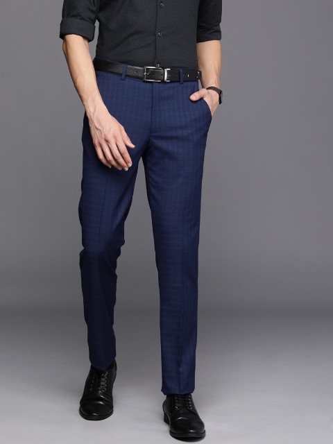 

Louis Philippe Men Blue Checked Slim Fit Brand Logo Detailed Formal Trousers