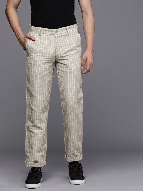 

Louis Philippe Men Beige Checked Slim Fit Low-Rise Formal Trousers