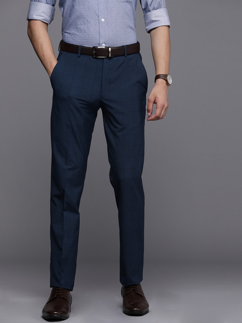 

Louis Philippe Men Navy Blue & Black Checked Slim Fit Low-Rise Formal Trousers