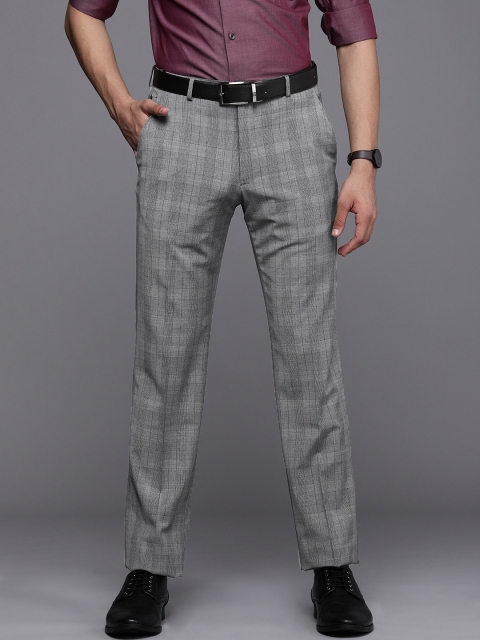 

Louis Philippe Men Grey Checked Slim Fit Low-Rise Formal Trousers