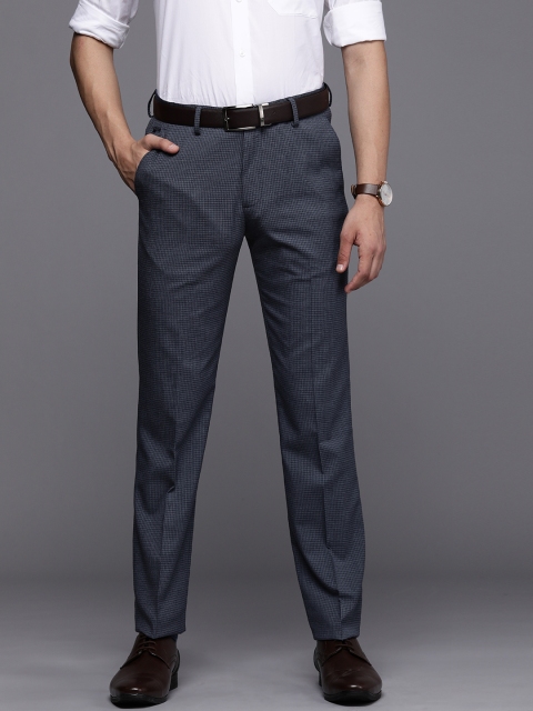 

Louis Philippe Men Navy Blue Checked Slim Fit Low-Rise Formal Trousers