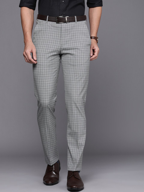 

Louis Philippe Men Grey Melange Checked Slim Fit Formal Trousers