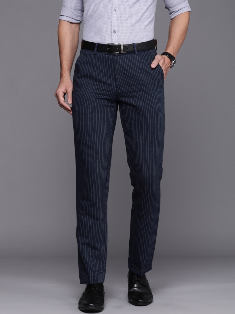 

Louis Philippe Men Navy Blue & Grey Striped Slim Fit Linen Cotton Formal Trousers