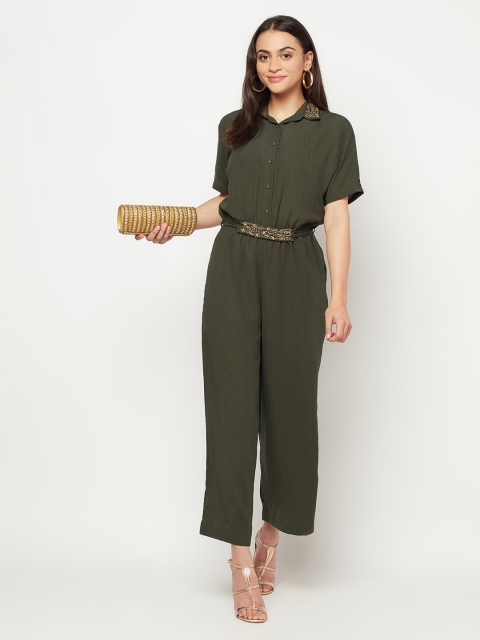 

SQew Olive Green Embellished Basic Jumpsuit