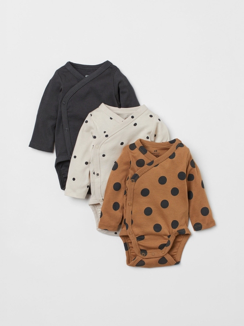 

H&M Girls Pack Of 3 Grey & Beige Printed Pure Cotton Long-Sleeved Bodysuits
