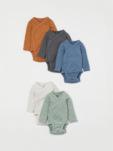 

H&M Kids Girls White,Green,Grey,Blue,Beige 5-pack wrapover bodysuits