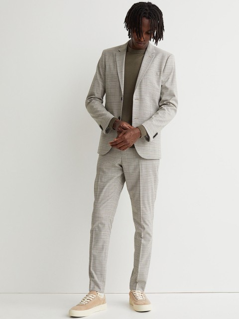 

H&M Men Beige & Multicolored Suit Trousers Skinny Fit