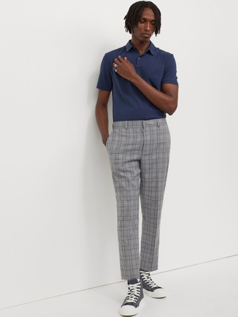 

H&M Men Grey & White Slim Fit Cropped Trousers