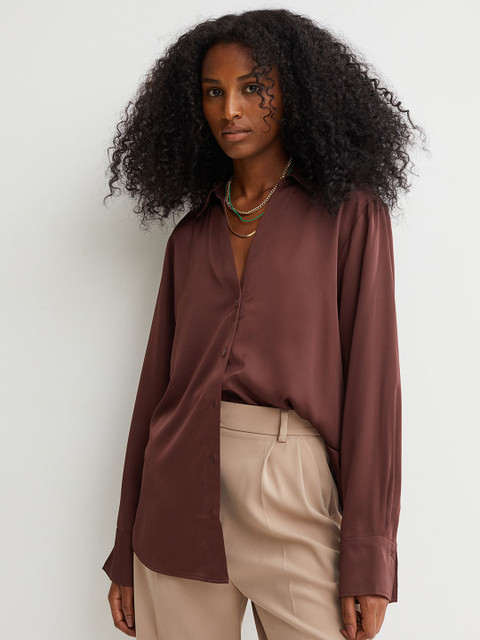 

H&M Brown Solid Long Sleeves Woven Casual V-Neck Blouse
