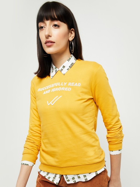 

max Women Yellow Printed Shirt Collar Sweatshirt