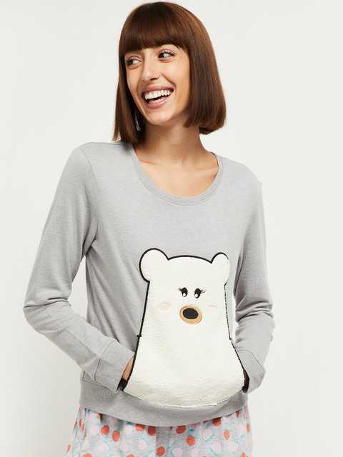 

max Women Grey Melange Graphic Printed Sweatshirt